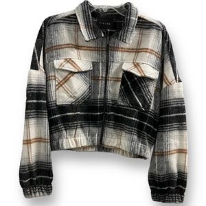 Plaid Fleece Zip Up Cropped Jacket
